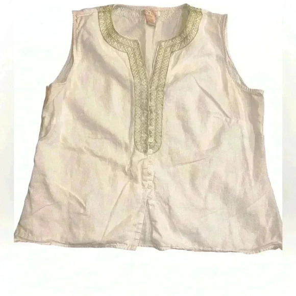 Zoe D Linen Blend Top Women XL Cream Green Embroidered Boho Peasant - Picture 1 of 5